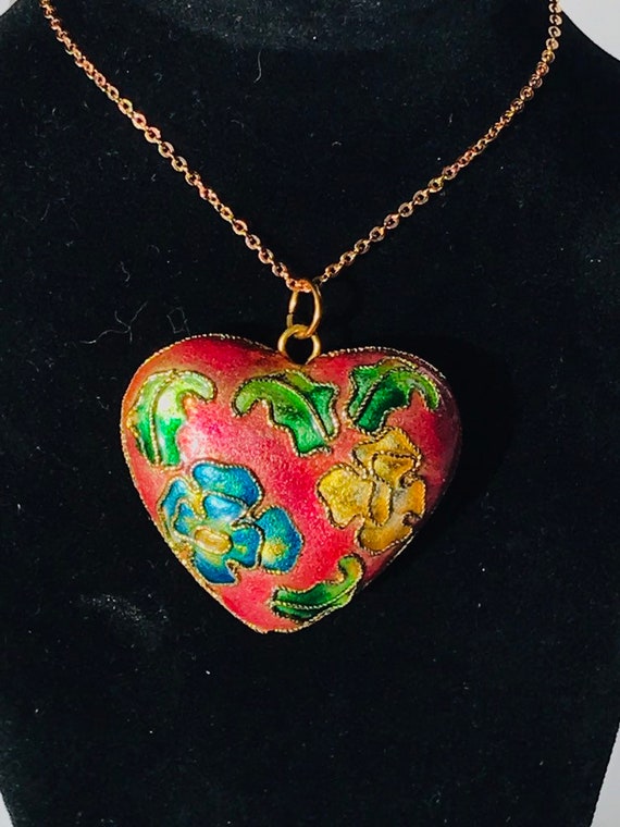 Stunning cloisonné heart necklace, heart pendant - image 1