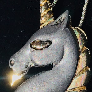 RARE vintage black basalt and gold unicorn pendant, vintage unicorn necklace, 1980’s unicorn pendant