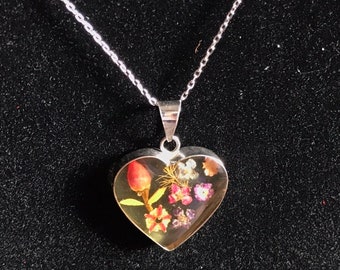 Vintage real preserved flower heart necklace, sterling heart with preserved flowers in lucite, preserved mini rose