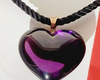 Pendentif Cœur Violet En Cristal Baccarat - Ancien - Très Bon état - Longueur Réglable (42.5 Cm Fermé) - Collier Avec Médaillon