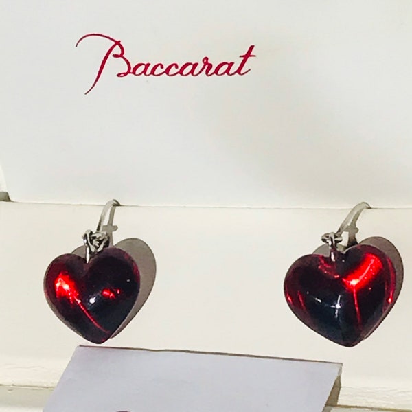 Unglaublich seltene Vintage Baccarat rotes Herz und Sterling Ohrringe, Baccarat Herz, aus der Produktion Baccarat Ohrringe, Valentines rotes Herz