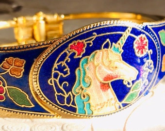 RARE vintage unicorn cuff bracelet, cloisonne unicorn cuff bracelet