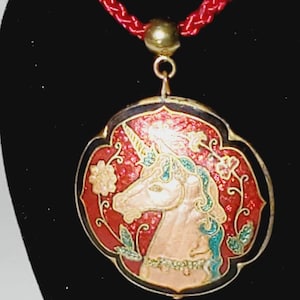 RARE vintage 1980s unicorn pendant with original red cord,vintage cloisonne glamorous unicorn pendant, Christmas unicorn, valentines unicorn