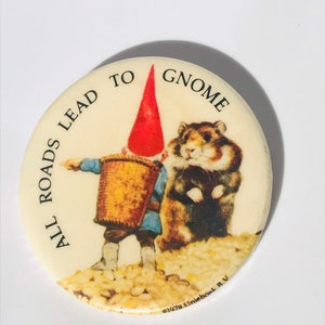 Very RARE Unieboek vintage button, All Roads Lead To Gnome button, vintage Valentine’s button, collectible button, Kabouter, Swedish tomte