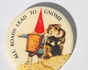 Very RARE Unieboek vintage button, All Roads Lead To Gnome button, vintage Valentine’s button, collectible button, Kabouter, Swedish tomte