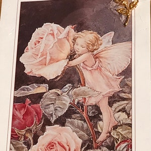 BARDZO RZADKA zabytkowa kartka i przypinka z wizerunkiem wróżki kwiatowej Cicely Barker The Rose Fairy, kolekcjonerska broszka z wizerunkiem wróżki kwiatowej,