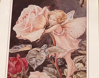 VERY RARE Vintage Cicely Barker Flower Fairies The Rose Fairy original card and pin, Flower Fairies collectible brooch,