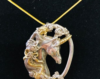 Seltener großer Vintage Gorham Sterling Einhorn Anhänger und Kette