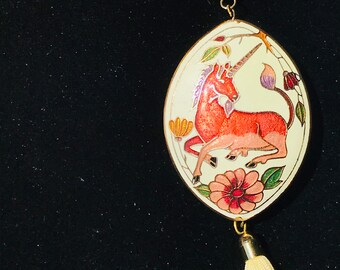 Collier Vintage Pendentif Licorne Rouge Cloisonné - Sans Marque - Bon état