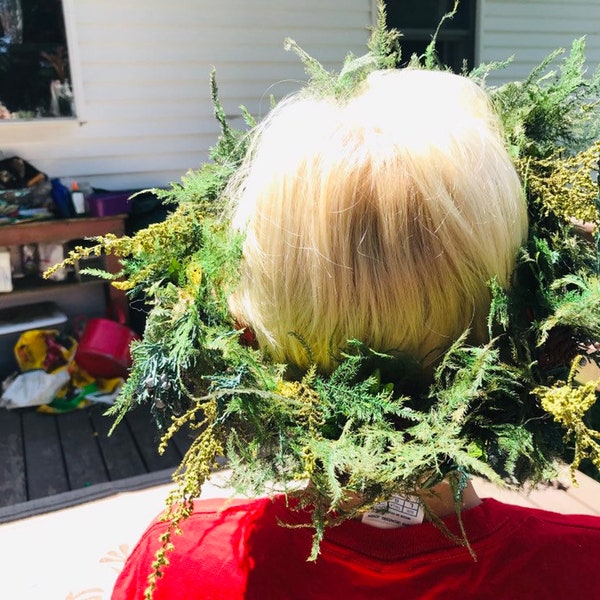 Original magical Pan or fairy head wreath made with preserved greens, juniper, hawthorn and Rowan berries, raspberry quartz, peridot...