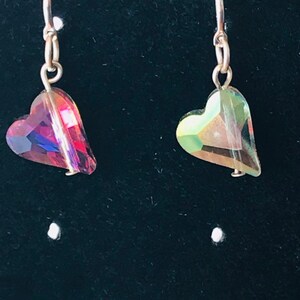 Rainbow Aurora borealis heart dangle earrings made with Swarovski elements, Aurora borealis Valentines heart earrings