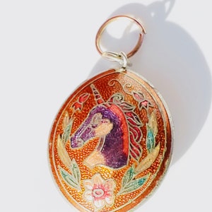 RARE vintage unicorn necklace, vintage cloisonne unicorn pendant, double sided unicorn pendant, 1980s unicorn image 2