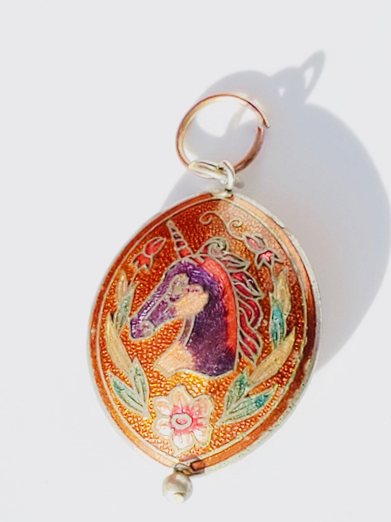 RARE vintage unicorn necklace, vintage cloisonne unicorn pendant, double sided unicorn pendant, 1980s unicorn image 2