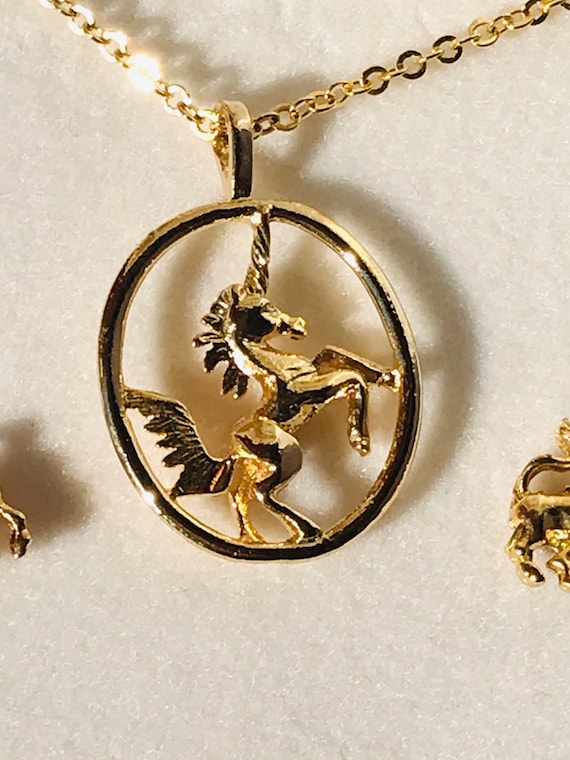 Vintage 14k gold plated unicorn pendant and earri… - image 2