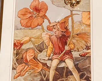 VERY RARE Vintage Cicely Barker Flower Fairies The Nasturtium fairy original card and pin, Flower Fairies collectible brooch,