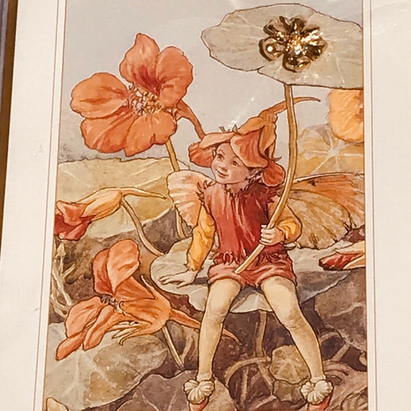 TRÈS RARE vintage Cicely Barker Flower Fairies La fée Capucine carte et épingle originale, broche de collection Flower Fairies,