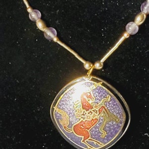 Very RARE vintage cloisonné double sided violet unicorn  pendant, unicorn heart necklace