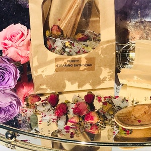 Purity Clearing Bath Soak Formula, botanical herbal bath tea formula, blessed salts, roses, lavender, magnesium, relaxing