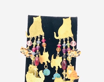 Incredibly RARE 1980’s awesome sparkly dangle KCFA cat kitty earrings
