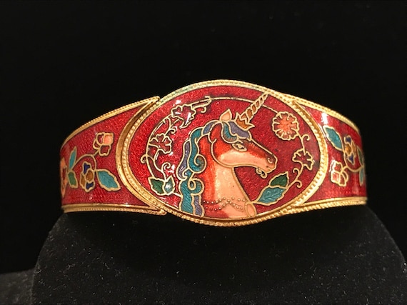 Rare vintage cloisonné unicorn cuff bracelet - image 1