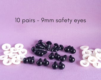 Black safety eyes, 9mm safety eyes, doll making, crochet, sewing, knitting, amigurumi, craft supplies, 5 or 10 pairs black safety eyes