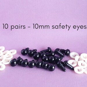 May include: Ten pairs of 10mm black plastic safety eyes with white plastic washers.  The safety eyes have a screw-on back.