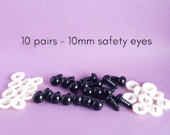 Black safety eyes, 10mm safety eyes, doll making, crochet, sewing, knitting, amigurumi, craft supplies, 5 or 10 pairs black safety eyes