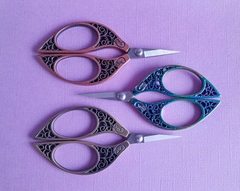 Fancy leaf scissors, rainbow, bronze, copper tone craft scissors, cross stitch scissors, vintage style embroidery scissors, sharp scissors