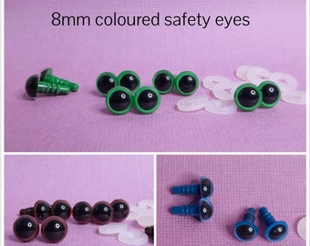 8mm coloured safety eyes, blue, green, or brown safety eyes, 5 pairs, eyes for crochet, amigurumi, knitted and felt toy making.