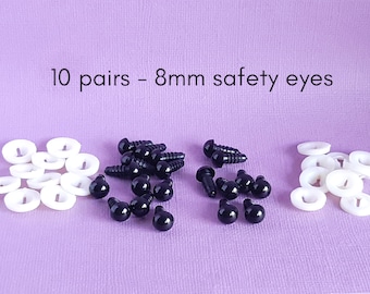 Black safety eyes, 8mm safety eyes, doll making, crochet, sewing, knitting, amigurumi, craft supplies, 5 or 10 pairs black safety eyes