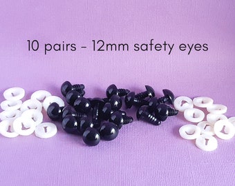 Black safety eyes, 12mm safety eyes, doll making, crochet, sewing, knitting, amigurumi, craft supplies, 5 or 10 pairs black safety eyes