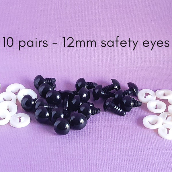 Black safety eyes, 12mm safety eyes, doll making, crochet, sewing, knitting, amigurumi, craft supplies, 5 or 10 pairs black safety eyes