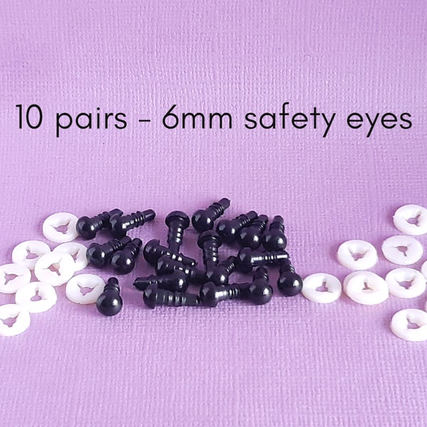 Safety eyes, 6mm safety eyes, black, doll making, crochet, sewing, knitting, amigurumi, craft supplies, 5 or 10 pairs black safety eyes