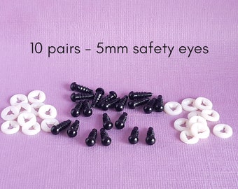 Safety eyes, 5mm safety eyes, black, doll making, crochet, sewing, knitting, amigurumi, craft supplies, 5 or 10 pairs black safety eyes