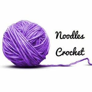May include: A ball of purple yarn with a long strand of yarn trailing off to the right. The text "Noodles Crochet" is written in black cursive lettering.