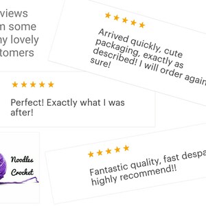 May include: Five-star reviews from customers for a crochet shop. The reviews highlight the quick shipping, cute packaging, and high quality of the products. The shop logo features a purple yarn ball and the text "Noodles Crochet".