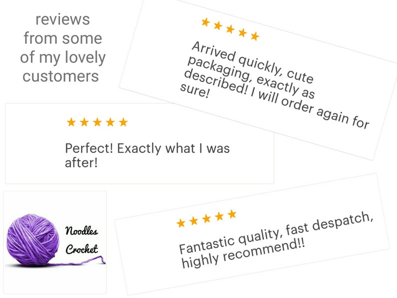May include: Five-star reviews from customers for a crochet shop. The reviews highlight the quick shipping, cute packaging, and high quality of the products. The shop logo features a purple yarn ball and the text "Noodles Crochet".