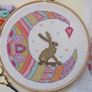 Cross Stitch Pattern By PDF Download - Moon Hare, Colourful Cross Stitch Design, Hare Cross Stitch, Moon Cross Stitch - Instant Download PDF