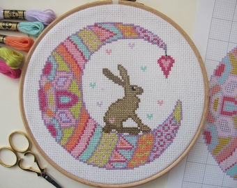 Cross Stitch Pattern By PDF Download - Moon Hare, Colourful Cross Stitch Design, Hare Cross Stitch, Moon Cross Stitch - Instant Download PDF