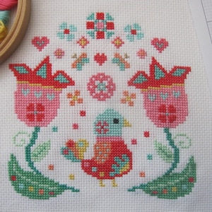 Cross Stitch Pattern By PDF Download - Tulip Bird - Colourful Cross Stitch Design - Instant Download PDF
