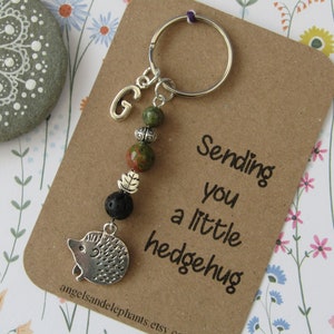 May include: A silver keyring with a hedgehog charm, a lava rock bead, a green and brown jasper bead, a silver bead with a swirl design, a silver letter G charm, and a silver ring. The keyring is attached to a card that says "Sending you a little hedgehog hug".