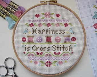 クロスステッチパターン PDF ダウンロード - 「Happiness is Cross Stitch」クロスステッチチャート - クロスステッチデザイン - PDF の即時ダウンロード