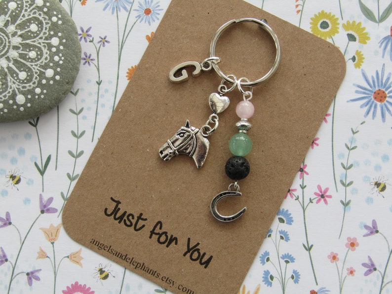 Horse Keyring, Horse Diffuser Keyring, Horse Diffuser Keychain, Gemstone, Personalized, Initial Keyring, Thank You Gift, CHOICE OF TEXT image 1