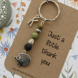 Nature Lover Gifts, Hedgehog Diffuser Keyring, Gemstone Keychain, Personalised Initial Keyring, Thank You Hedgehog Gift, CHOICE OF TEXT