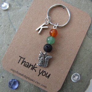 May include: A silver keyring with a charm of a squirrel, a letter K, and four beads. The beads are green, orange, and black. The keyring is on a brown card with the text "Thank you" and a website address.