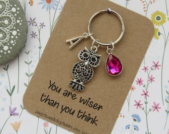Owl Keyring, Personalised Birthstone Initial Keychain, Owl Lover Gifts, Birthday Christmas Gifts