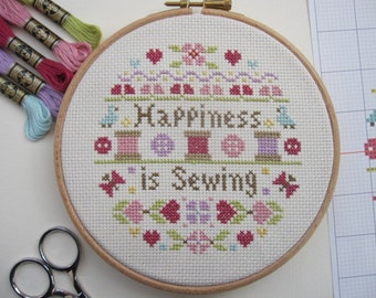 クロスステッチパターン PDF ダウンロード - 「Happiness is Sewing」クロスステッチチャート - クロスステッチデザイン - PDF の即時ダウンロード