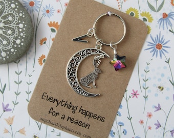 Moon & Hare Keyring, Personalised Initial Keychain, Hare keyring, Rabbit Gifts, Moon Gifts, Stargazing Hare, Thank You Gift, Christmas Gifts