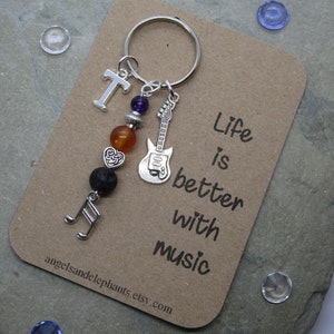 Guitar Keyring, Crystal Diffuser Gemstone Keyring, Personalised Music Keychain, Musician Keyring, Music Gift for Christmas