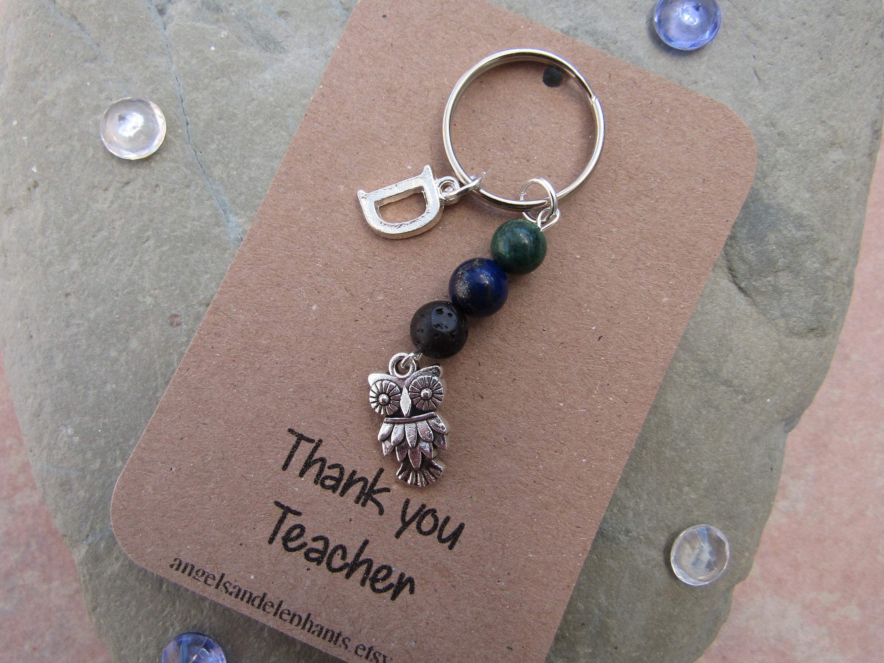 Owl Keyring, Gemstone Diffuser Keychain, Personalised Initial Keyring, Thank You Teacher Gift, Owl L